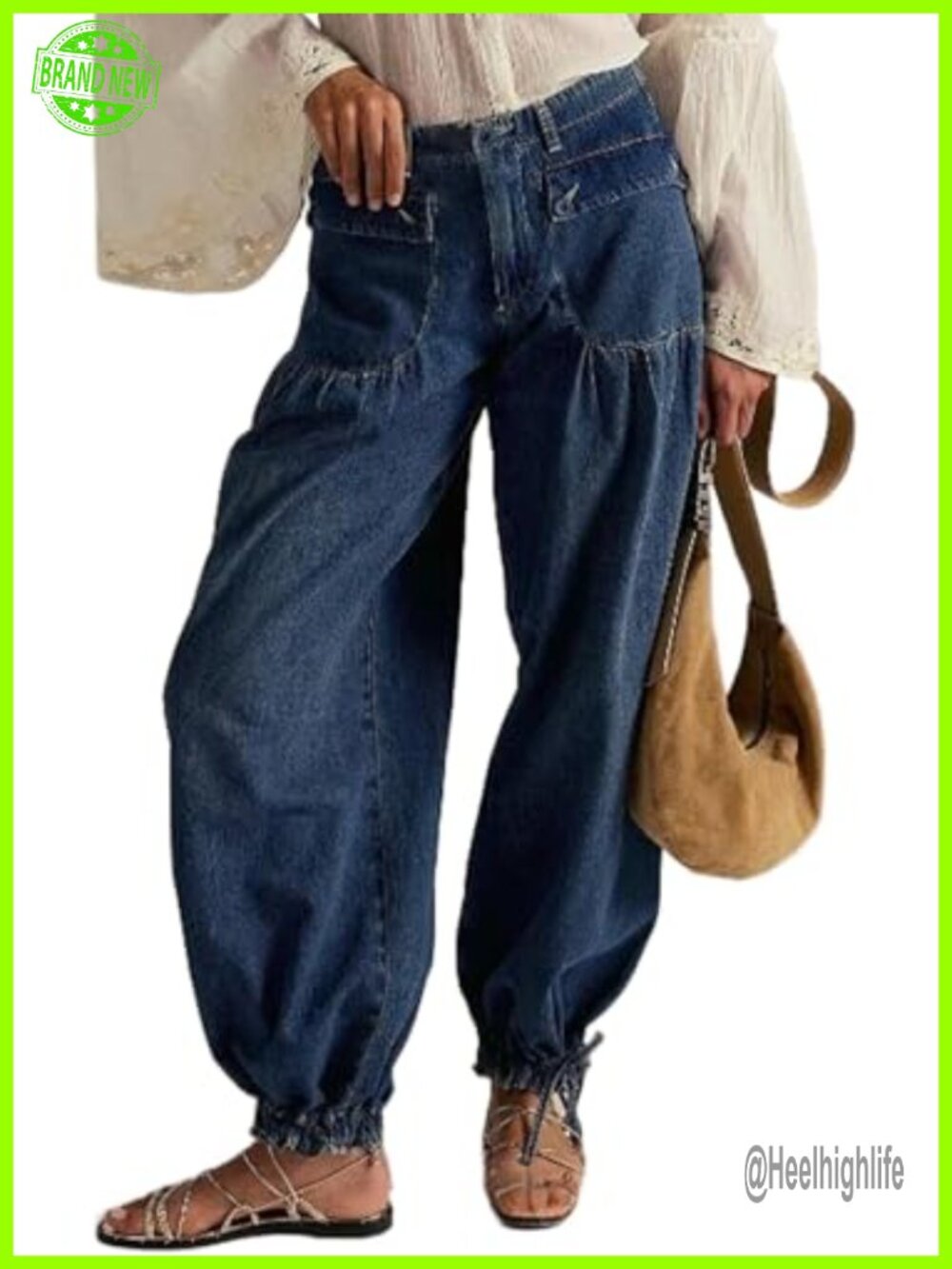 Women's Lotus Tube Jeans Mid Rise Baggy Wide Leg Balloon Jeans Drawstring Ankle